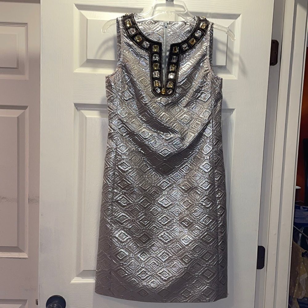 Tory Burch Silver Jewel Neck Sheath Dress